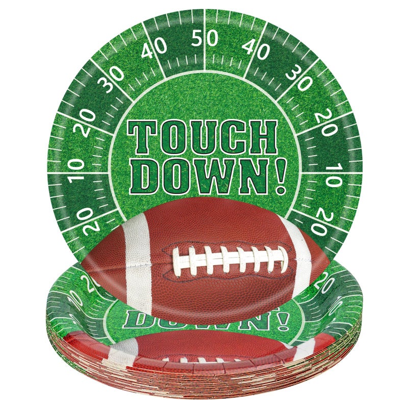 Litmitfu 24 Pack Touchdown Football Plates Sets - Rugby Theme Party Supplies, 7 inch Disposable Dinner Dessert Paper Plate Tableware for Tailgate Football Birthday Game day Party Decorations Table Decor - Image 1