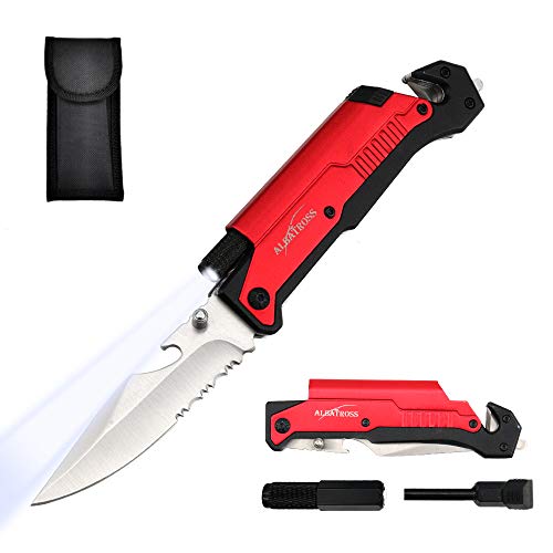 ALBATROSS Best 6-in-1 Survival Tactical Military Folding Pocket Knives with LED Light,Seatbelt Cutter,Glass Breaker,Magnesium Fire Starter,Bottle Opener;Multi-Function Emergency Tool(Red-SA) - Image 1