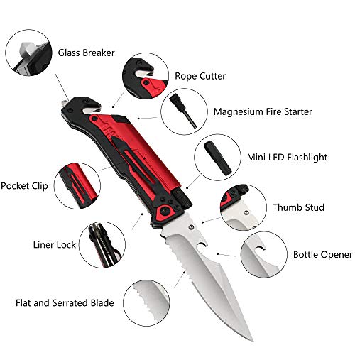 ALBATROSS Best 6-in-1 Survival Tactical Military Folding Pocket Knives with LED Light,Seatbelt Cutter,Glass Breaker,Magnesium Fire Starter,Bottle Opener;Multi-Function Emergency Tool(Red-SA) - Image 2
