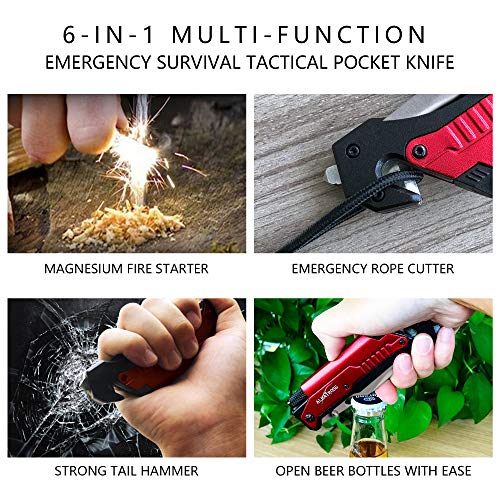 ALBATROSS Best 6-in-1 Survival Tactical Military Folding Pocket Knives with LED Light,Seatbelt Cutter,Glass Breaker,Magnesium Fire Starter,Bottle Opener;Multi-Function Emergency Tool(Red-SA) - Image 4