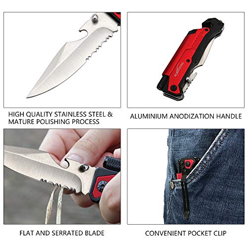 ALBATROSS Best 6-in-1 Survival Tactical Military Folding Pocket Knives with LED Light,Seatbelt Cutter,Glass Breaker,Magnesium Fire Starter,Bottle Opener;Multi-Function Emergency Tool(Red-SA) - Image 3