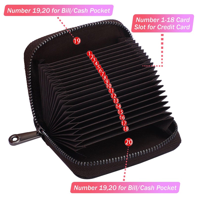 Linno RFID 20 Slots Credit Card Holder Genuine Leather Small Wallet for Women or Men with Zipper - Image 2