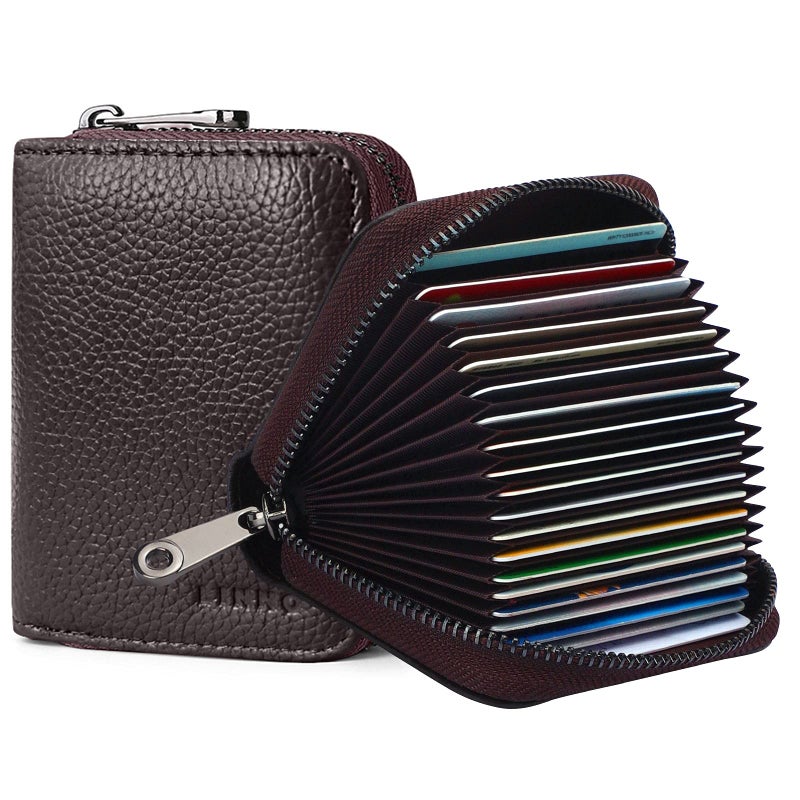 Linno RFID 20 Slots Credit Card Holder Genuine Leather Small Wallet for Women or Men with Zipper - Image 1