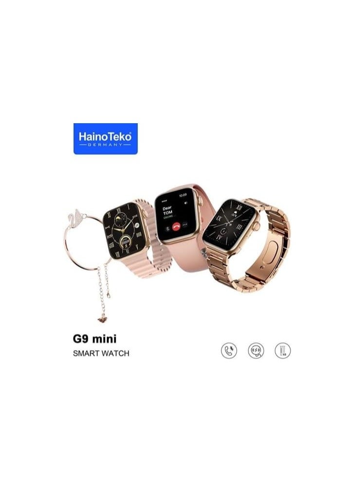 Teko Germany G9 Mini Ladies Smart Watch – Rose Gold Edition with 1.32” Display, Bluetooth Calling, Fitness & Health Tracker, Heart Rate & SpO2 Monitor, Multiple Sports Modes, Waterproof Design – Includes 3 Straps & Stylish Band – Gold