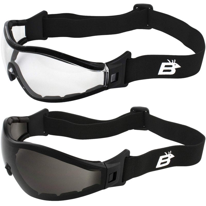 Birdz Eyewear Boogie Motorcycle  Skydiving Goggles Z87 Safety Eye Protection 2 Pairs Padded Black Frame