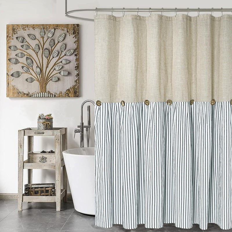 DOSLY IDES Farmhouse Shower CurtainBeige and Blue StripeButton CurtainLinen and Cotton Woven FabricRustic Charm Country Chic Style72x72 in