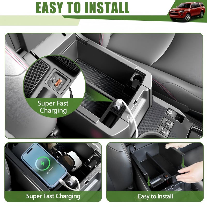 Qyebbk Center Console Organizer with Fast Charger for 2010-2024 Toyota 4Runner Insert Armrest Box Storage Tray W/USB Fast Charging for 10-24 4 Runner Interior Accessories - Image 3