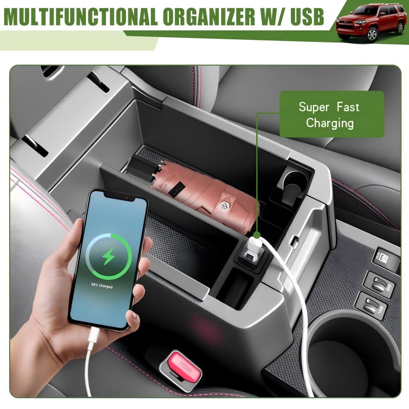 Qyebbk Center Console Organizer with Fast Charger for 2010-2024 Toyota 4Runner Insert Armrest Box Storage Tray W/USB Fast Charging for 10-24 4 Runner Interior Accessories - Image 4
