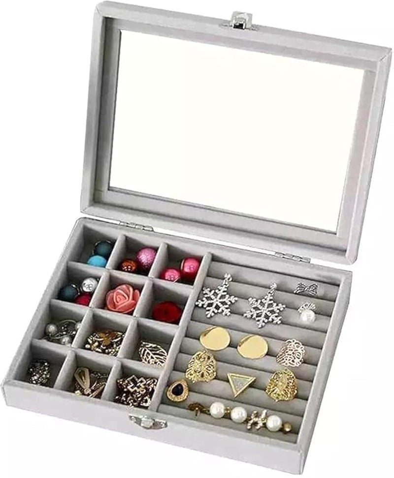 Grey Jewelry Travel Case - Portable Accessories Organizer for Necklaces, Earrings & Rings - Water-Resistant Faux Leather Mini Storage Box with Velvet Lining