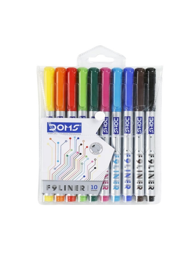 Doms F9 Fine Liner Set Of 10 Assorted Shades| 0.5 Mm Unique Push Resistant Metal Tip| Water Based Ink| Ideal For Writing, Drawing & Sketching - Image 1