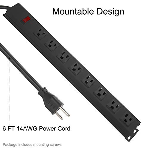 HHSOET 2Pack Metal 8 Outlet Mountable Power Strip, Wall Mount Outlet Heavy Duty, Wide Spaced Commercial Shop Power Strip with Switch, 6 FT SJT 14AWG Power Cord. - Image 4
