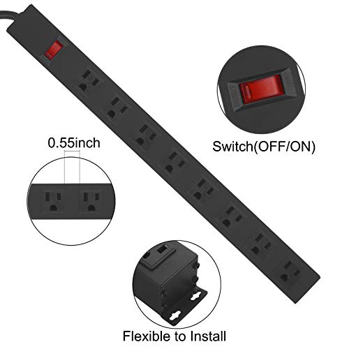 HHSOET 2Pack Metal 8 Outlet Mountable Power Strip, Wall Mount Outlet Heavy Duty, Wide Spaced Commercial Shop Power Strip with Switch, 6 FT SJT 14AWG Power Cord. - Image 3