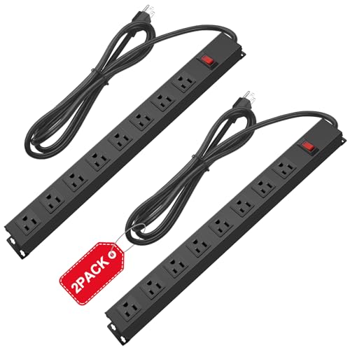 HHSOET 2Pack Metal 8 Outlet Mountable Power Strip, Wall Mount Outlet Heavy Duty, Wide Spaced Commercial Shop Power Strip with Switch, 6 FT SJT 14AWG Power Cord. - Image 1