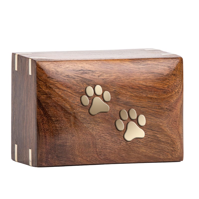 INTAJ Pet Urns for Dogs Ashes - Rosewood Dog Urn for Ashes Handcrafted - Paws Inlaid Cremation Pet urn for Cats - Decorative Wooden Box Keepsake Urn (Two Paws, M - 7.5x5.5x3.75)