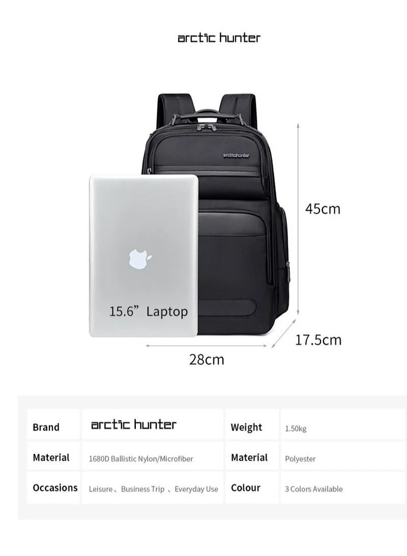 ARCTIC HUNTER Large Business Travel Laptop Backpack Wear Resistant Durable Trip Bag with Independent Laptop and Tablet Computer Compartment B00492 Black