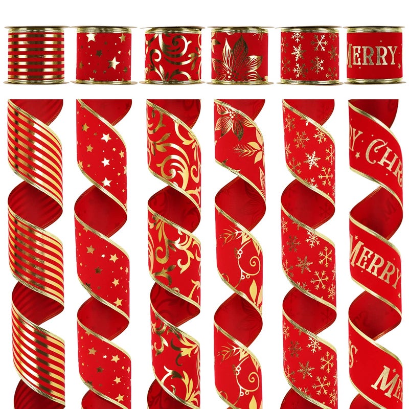 MEEDEE Red Velvet Wired Ribbon  25 Inch 6 Rolls 36 Yards  Ribbon Set for Christmas Trees