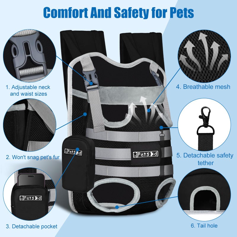 Petskd Dog Front Carrier Backpack for Small Pet with Adjustable Cross Shoulder Straps, Hands Free Puppy Legs Out Chest Carriers for Hiking, Cycling, Vet (Black, M) - Image 5