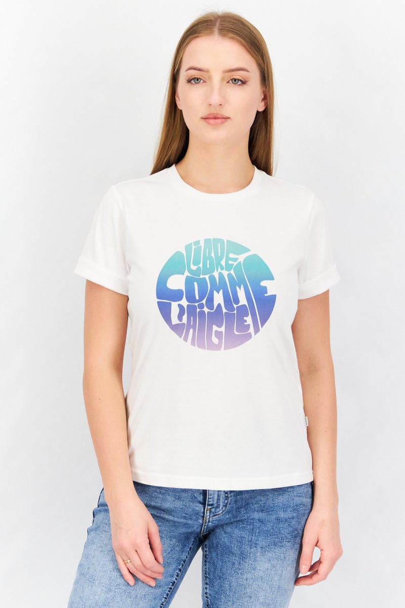 Aigle Women Crew Neck Cuffed Sleeve Printed T-Shirt, White Combo - Image 1