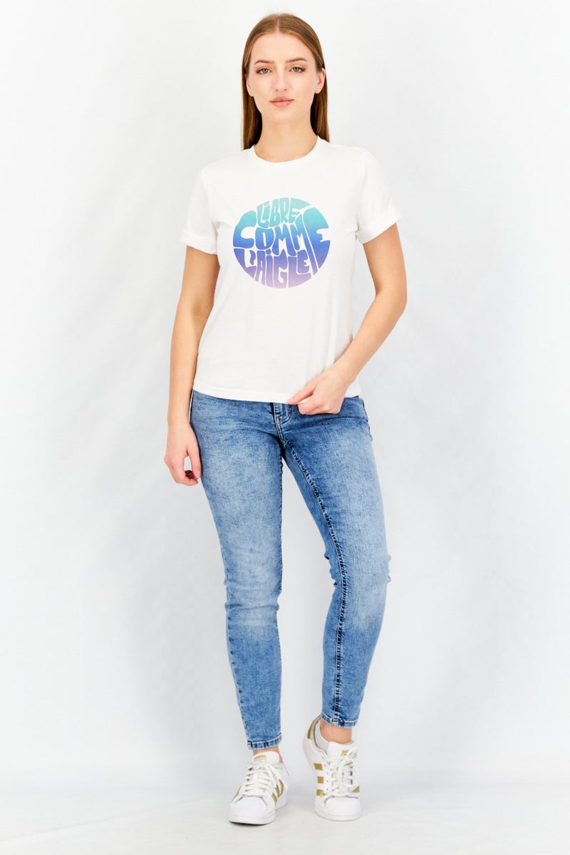 Aigle Women Crew Neck Cuffed Sleeve Printed T-Shirt, White Combo - Image 2