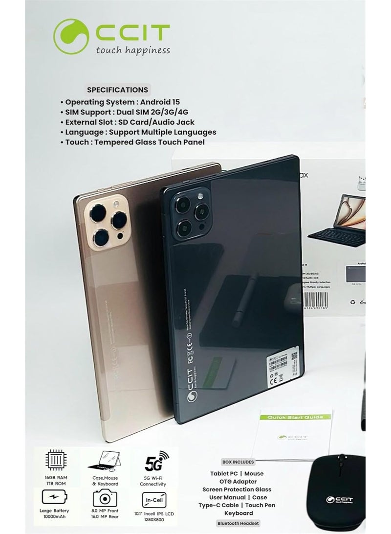 CCIT Tab16 ProMax Android 15 Tablet | 10.1-Inch HD Display, 16GB RAM + 1TB ROM | 5G Dual SIM Wi-Fi Tablet with Keyboard & Bluetooth Headset | 8000mAh Battery, Dual Camera, GPS – Grey - Image 2
