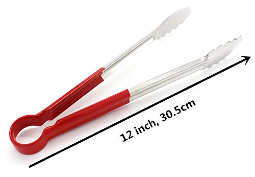 THW 12 Inch Stainless Steel Utility Tongs with Red Vinyl Coated Handle- Heavy Duty Long Kitchen Tongs for Barbecue Grilling Cooking Roasting Serving Buffet Salad Ice Oven, Pack of 2 Pieces - Image 2