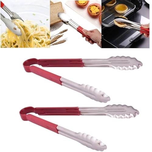 THW 12 Inch Stainless Steel Utility Tongs with Red Vinyl Coated Handle- Heavy Duty Long Kitchen Tongs for Barbecue Grilling Cooking Roasting Serving Buffet Salad Ice Oven, Pack of 2 Pieces - Image 1