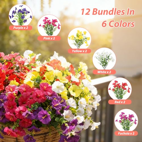 BSGlobal 12 Bundles Artificial Flowers for Outdoors Decoration, Faux Silk Morning Glory Flowers UV Resistant Fake Eucalyptus Plants for Spring Summer Garden Patio Home Decor (Mix) - Image 2