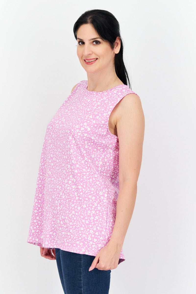 Jones New York Women Round Neck Cap Sleeves Printed Blouse, Pink - Image 3