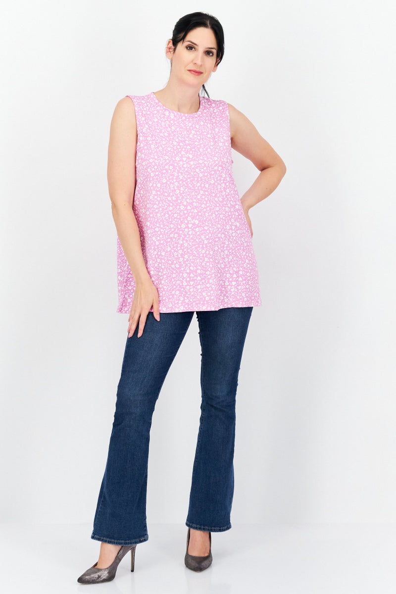 Jones New York Women Round Neck Cap Sleeves Printed Blouse, Pink - Image 4