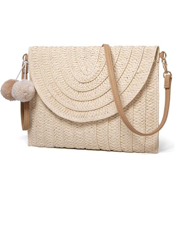 Generic Straw Shoulder Bag Straw Clutch Women Hand-woven PomPom Straw Crossbody Bag Summer Beach Envelope Purse Wallet, A-beige  - Image 1