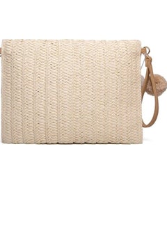 Generic Straw Shoulder Bag Straw Clutch Women Hand-woven PomPom Straw Crossbody Bag Summer Beach Envelope Purse Wallet, A-beige  - Image 2