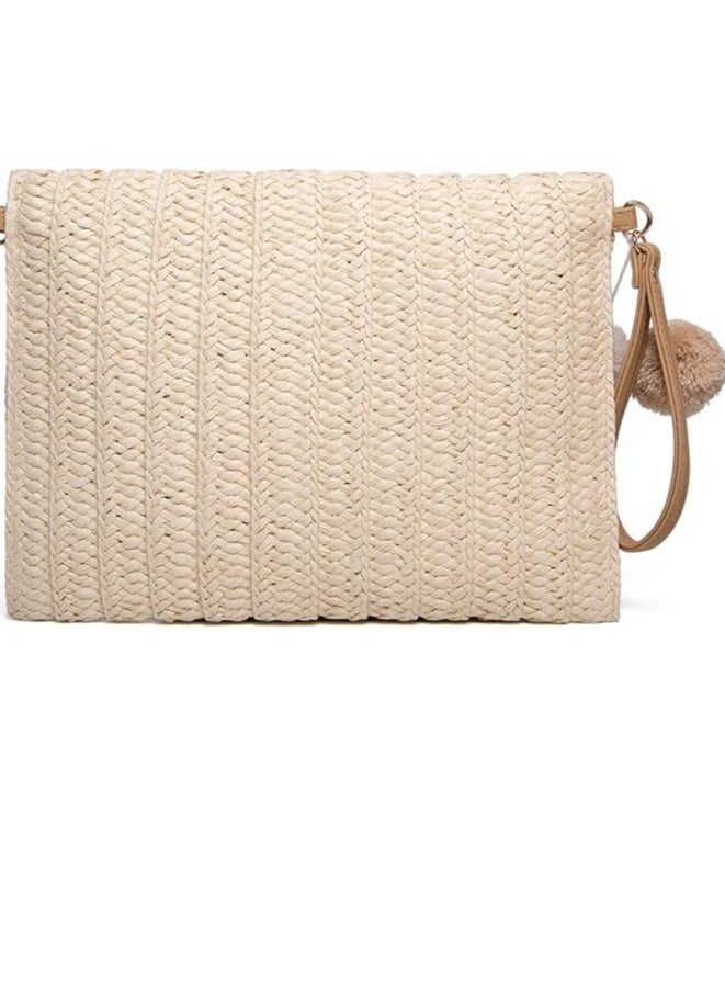 Generic Straw Shoulder Bag Straw Clutch Women Hand-woven PomPom Straw Crossbody Bag Summer Beach Envelope Purse Wallet, A-beige  - Image 2