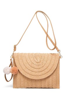 Generic Straw Shoulder Bag Straw Clutch Women Hand-woven PomPom Straw Crossbody Bag Summer Beach Envelope Purse Wallet, A-beige  - Image 4