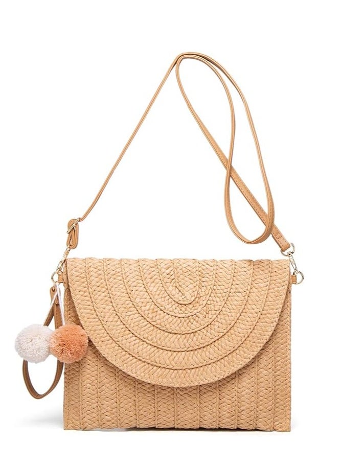 Generic Straw Shoulder Bag Straw Clutch Women Hand-woven PomPom Straw Crossbody Bag Summer Beach Envelope Purse Wallet, A-beige  - Image 4