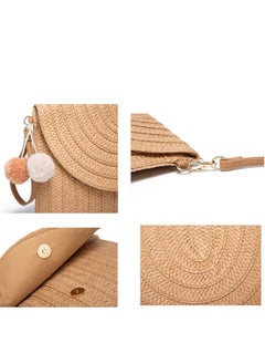 Generic Straw Shoulder Bag Straw Clutch Women Hand-woven PomPom Straw Crossbody Bag Summer Beach Envelope Purse Wallet, A-beige  - Image 5
