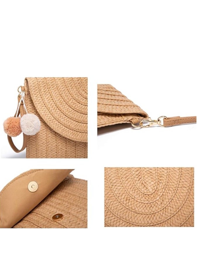 Generic Straw Shoulder Bag Straw Clutch Women Hand-woven PomPom Straw Crossbody Bag Summer Beach Envelope Purse Wallet, A-beige  - Image 5