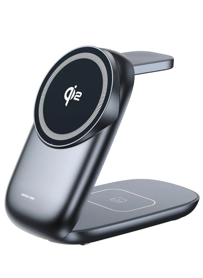 GREEN LION 3-in-1 MagFold Wireless Charger with 15W Fast Charging & Foldable MagSafe Qi2 Charger for Phones, AirPods & Smart Watch / Type-C Input Port / Multi-Angle Adjustable / Phone Output: 5W/7.5W/10W/15W - Grey - Image 1