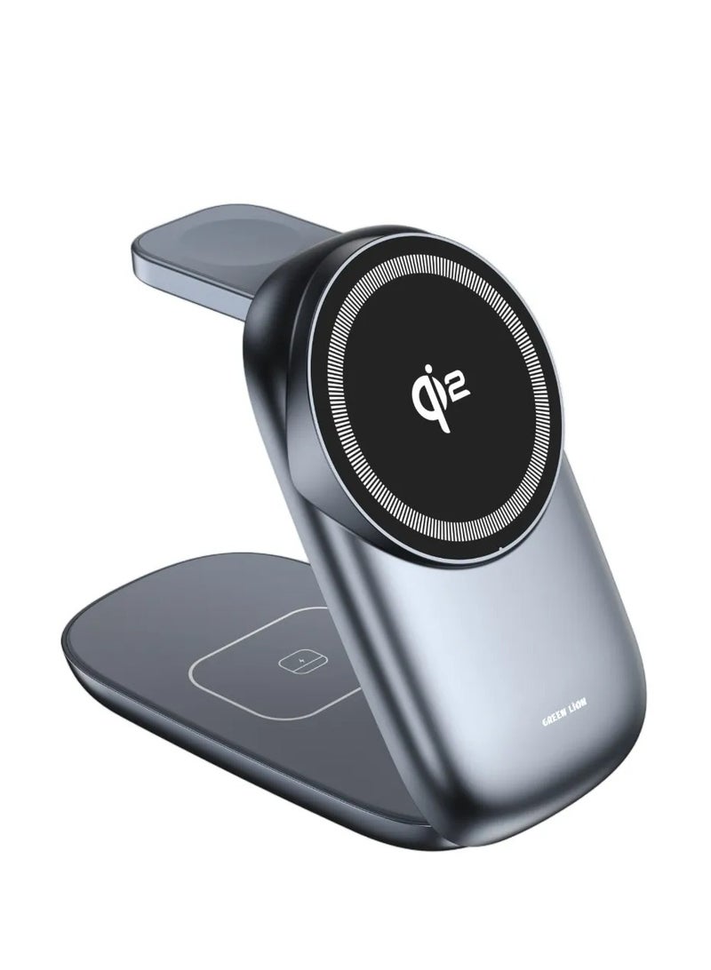 GREEN LION 3-in-1 MagFold Wireless Charger with 15W Fast Charging & Foldable MagSafe Qi2 Charger for Phones, AirPods & Smart Watch / Type-C Input Port / Multi-Angle Adjustable / Phone Output: 5W/7.5W/10W/15W - Grey - Image 2