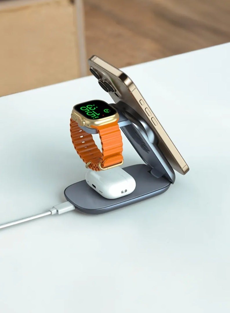 GREEN LION 3-in-1 MagFold Wireless Charger with 15W Fast Charging & Foldable MagSafe Qi2 Charger for Phones, AirPods & Smart Watch / Type-C Input Port / Multi-Angle Adjustable / Phone Output: 5W/7.5W/10W/15W - Grey - Image 3