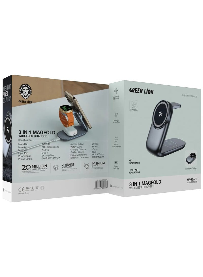 GREEN LION 3-in-1 MagFold Wireless Charger with 15W Fast Charging & Foldable MagSafe Qi2 Charger for Phones, AirPods & Smart Watch / Type-C Input Port / Multi-Angle Adjustable / Phone Output: 5W/7.5W/10W/15W - Grey - Image 4