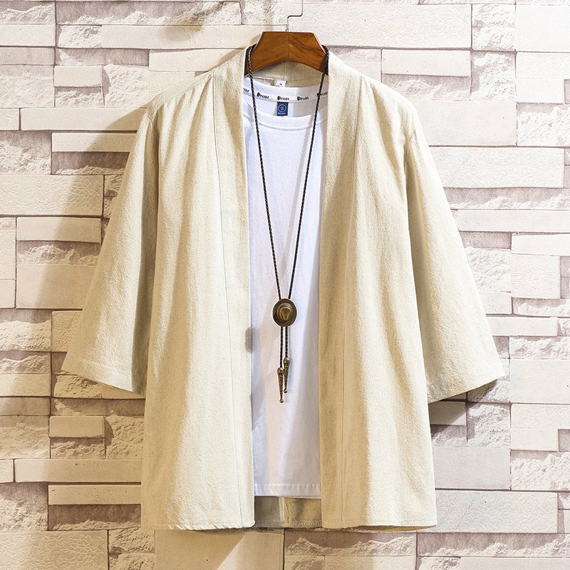 Hanfu Cardigan Seven-point Sleeve Shirt Mens Short-sleeved Loose Tang Suit Chinese Style Robe Coat Japanese Kimono Feather Woven Summer hemp natural color