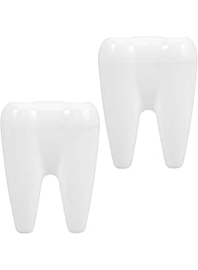 White Plastic Toothbrush Holder Stand 2Pcs Tooth Shaped Bathroom Countertop Organizer - Image 1