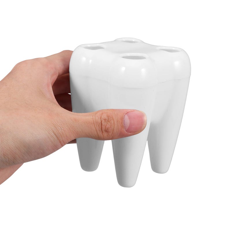 White Plastic Toothbrush Holder Stand 2Pcs Tooth Shaped Bathroom Countertop Organizer - Image 4