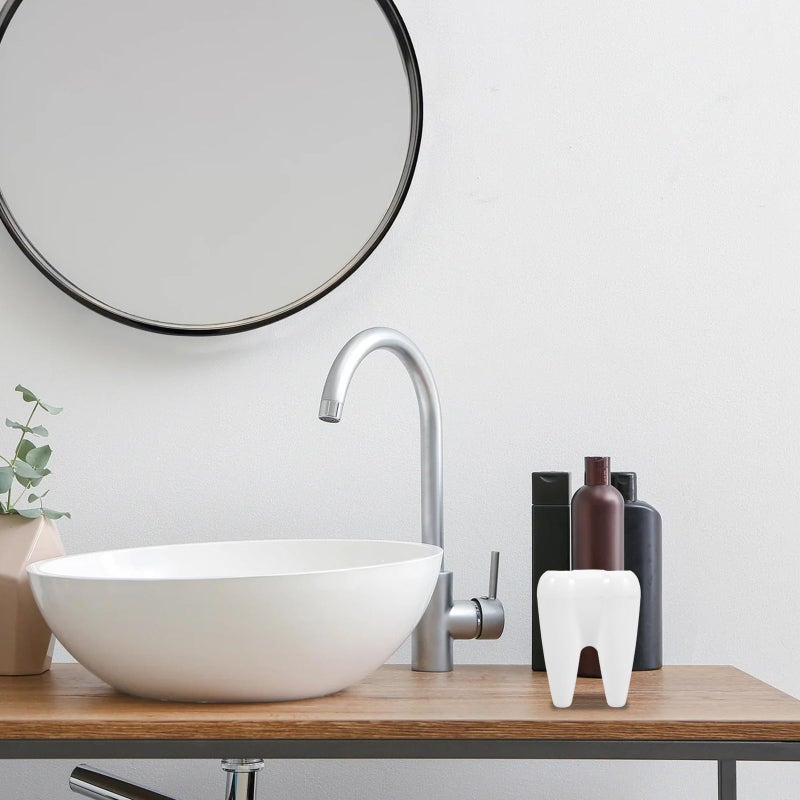 White Plastic Toothbrush Holder Stand 2Pcs Tooth Shaped Bathroom Countertop Organizer - Image 5