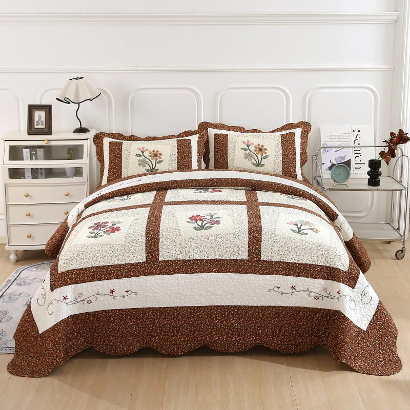 vctops 3 Piece Embroidered Floral Quilted Bedspread Quilt Set 100% Cotton Reversible Patchwork Coverlet Set 1 Quilt and 2 Pillow Shams (Coffee,Queen) - Image 2