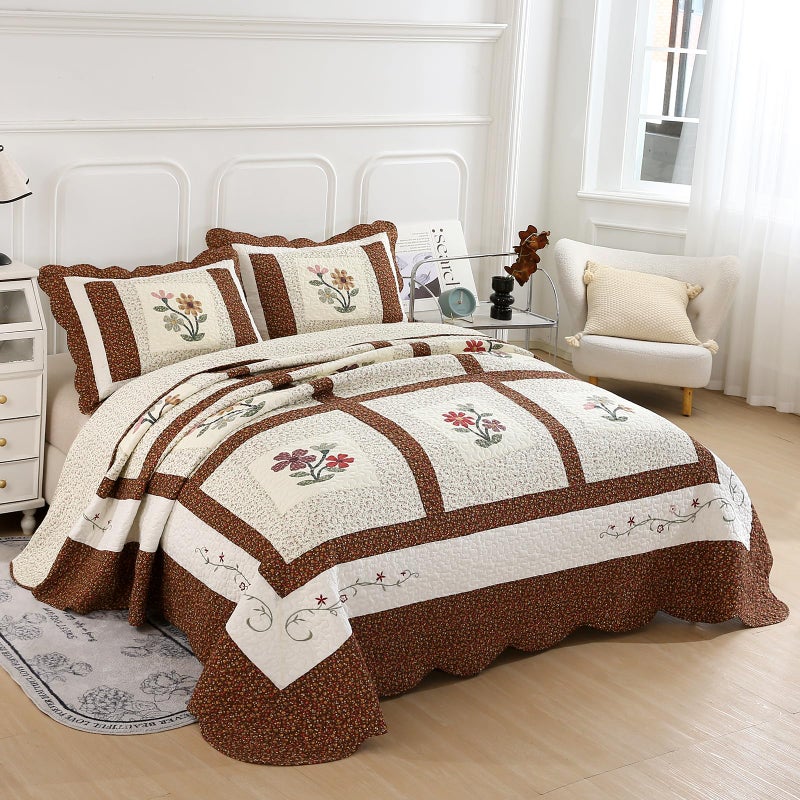 vctops 3 Piece Embroidered Floral Quilted Bedspread Quilt Set 100% Cotton Reversible Patchwork Coverlet Set 1 Quilt and 2 Pillow Shams (Coffee,Queen) - Image 3