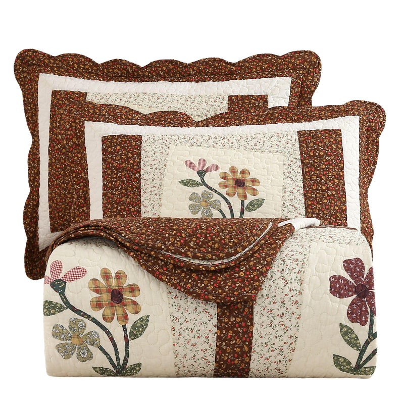 vctops 3 Piece Embroidered Floral Quilted Bedspread Quilt Set 100% Cotton Reversible Patchwork Coverlet Set 1 Quilt and 2 Pillow Shams (Coffee,Queen) - Image 1