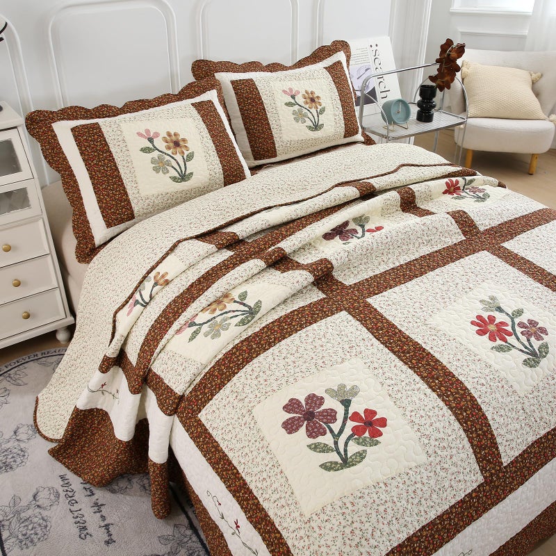 vctops 3 Piece Embroidered Floral Quilted Bedspread Quilt Set 100% Cotton Reversible Patchwork Coverlet Set 1 Quilt and 2 Pillow Shams (Coffee,Queen) - Image 5