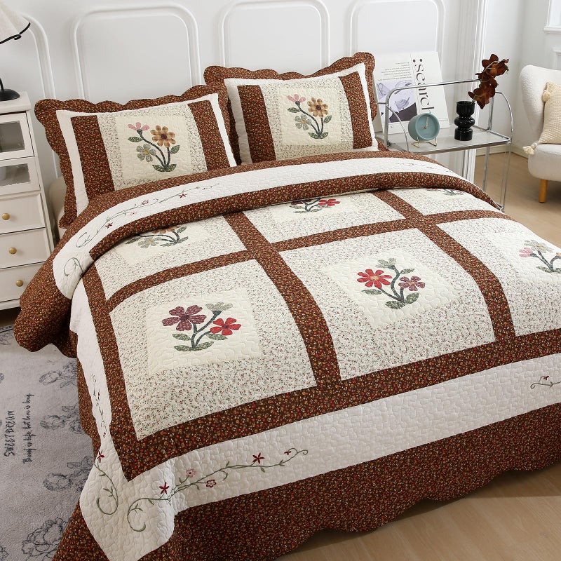 vctops 3 Piece Embroidered Floral Quilted Bedspread Quilt Set 100% Cotton Reversible Patchwork Coverlet Set 1 Quilt and 2 Pillow Shams (Coffee,Queen) - Image 4