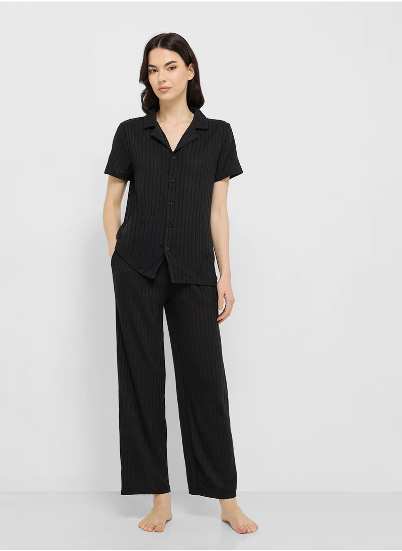 Ginger Textured Button Down Shirt & Pyjama Set